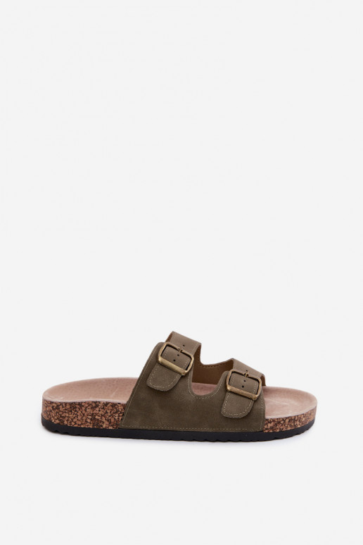 Women's Slides With Buckles On Cork Sole Dark Green Harleen