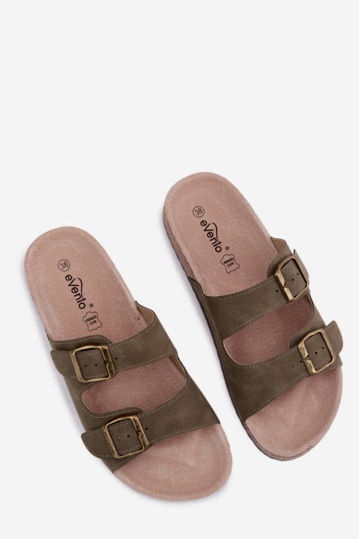 Women's Slides With Buckles On Cork Sole Dark Green Harleen