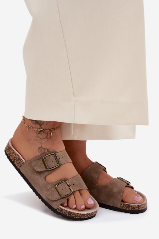 Khaki women's slippers with buckles on cork sole Harleen