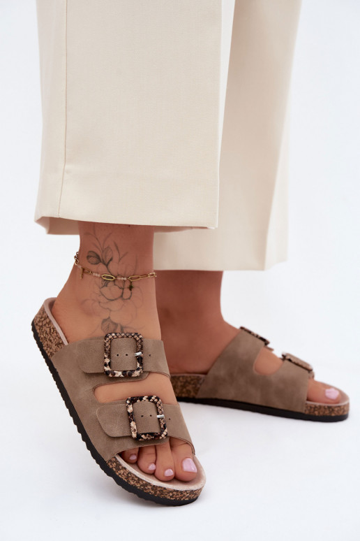 Women's Cork Sole Slippers With Buckles Snake Pattern Beige Melia