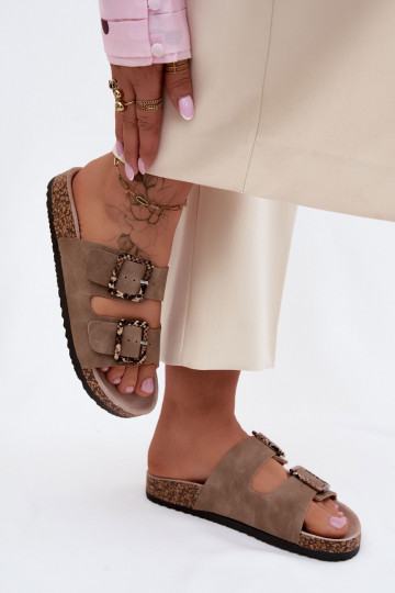 Women's Cork Sole Slippers With Buckles Snake Pattern Beige Melia 2