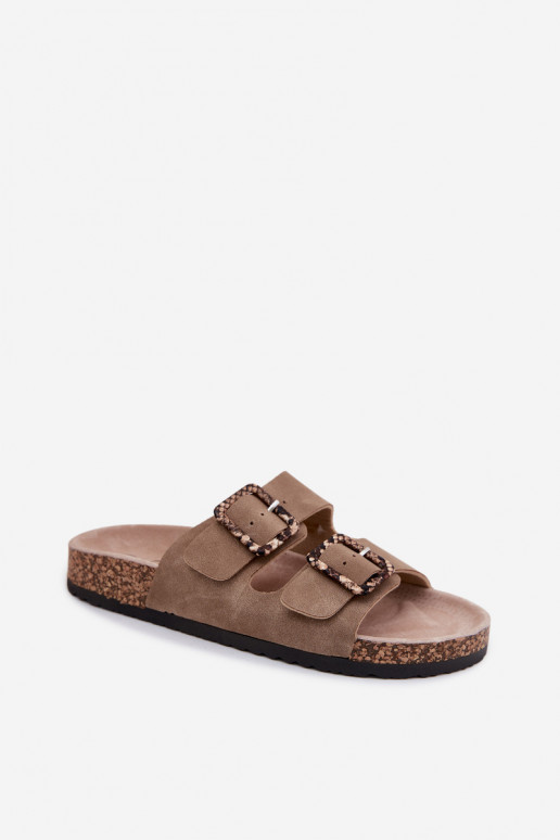 Sand-colored women's slippers with buckles and snake patterns on cork sole Melia