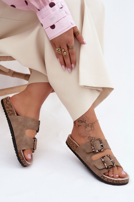 Women's Cork Sole Slippers With Buckles Snake Pattern Beige Melia