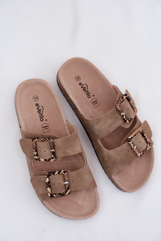 Sand-colored women's slippers with buckles and snake patterns on cork sole Melia