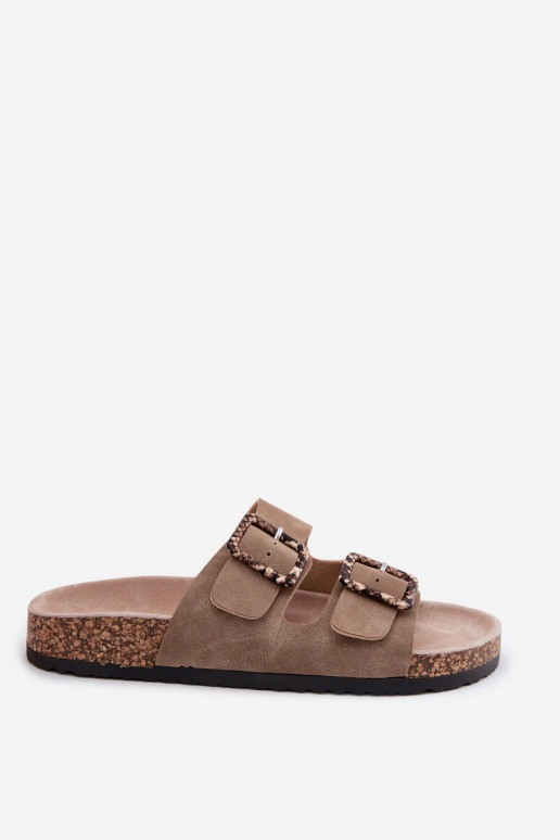 Women's Cork Sole Slippers With Buckles Snake Pattern Beige Melia