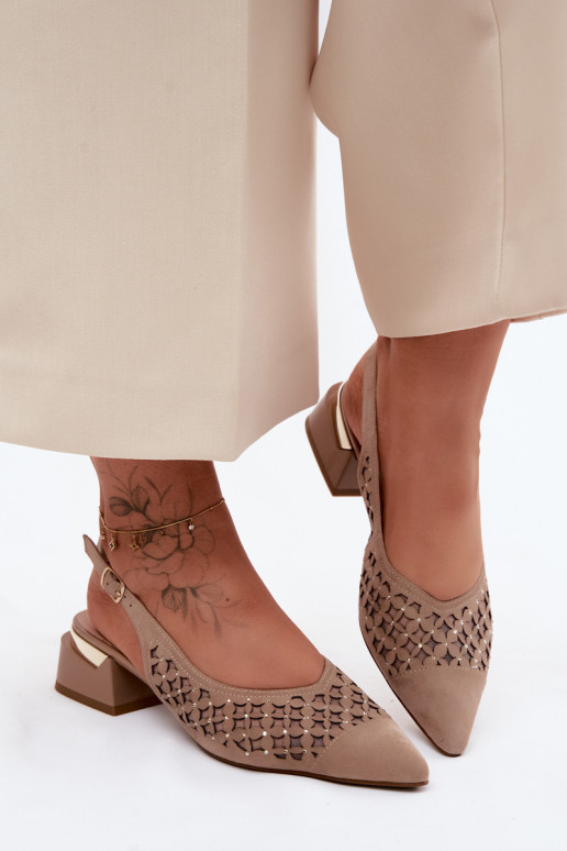 Leather Suede Women's Openwork Sandals With Mesh On Block D&A CR61-3004 Beige