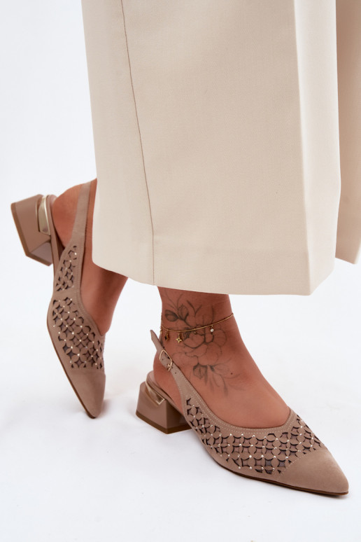 Leather Suede Women's Openwork Sandals With Mesh On Block D&A CR61-3004 Beige