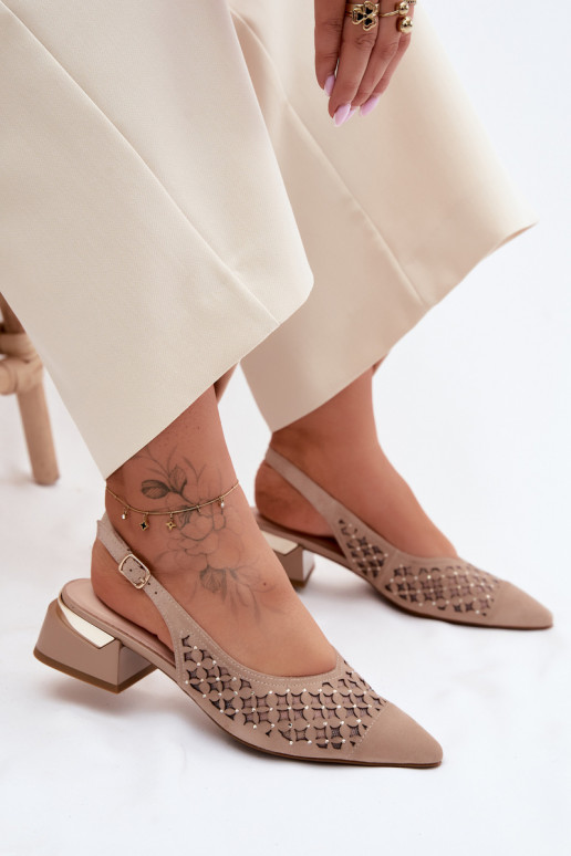 Leather Suede Women's Openwork Sandals With Mesh On Block D&A CR61-3004 Beige