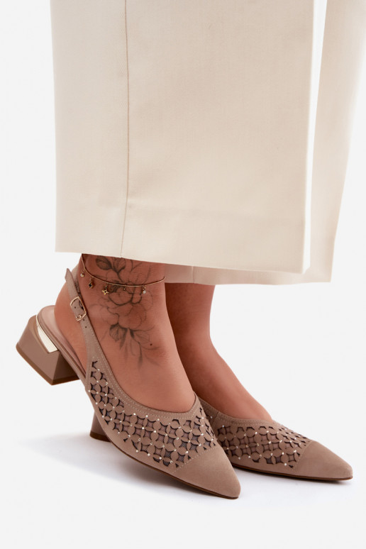 Leather Suede Women's Openwork Sandals With Mesh On Block D&A CR61-3004 Beige