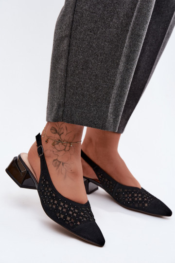 Leather Suede Women's Openwork Sandals With Mesh On Block D&A CR61-3004 Black 2