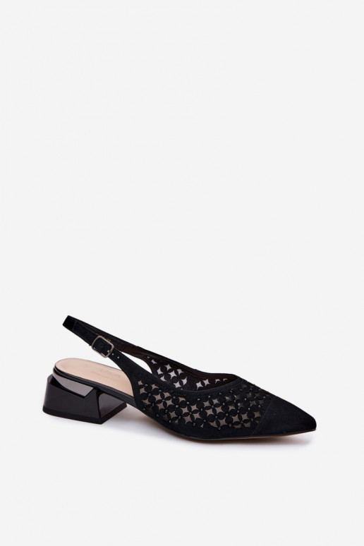 Leather Suede Women's Openwork Sandals With Mesh On Block D&A CR61-3004 Black