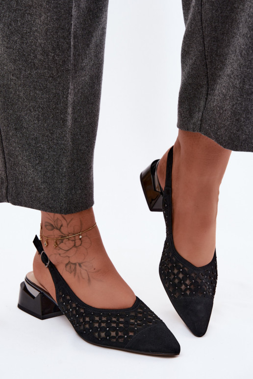 Leather Suede Women's Openwork Sandals With Mesh On Block D&A CR61-3004 Black