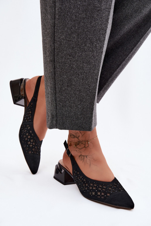 Leather Suede Women's Openwork Sandals With Mesh On Block D&A CR61-3004 Black