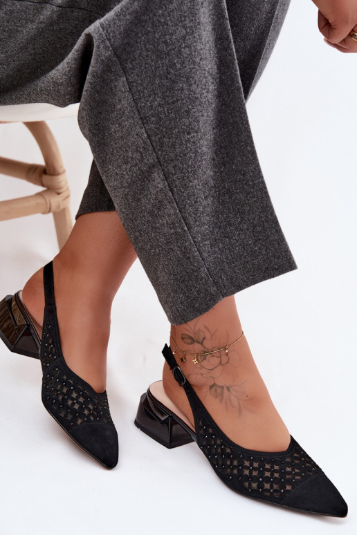 Skórzane Zamszowe Sandały Damskie AżurowewithSiateczką Na Klocku D&A CR61-3004 Czarne