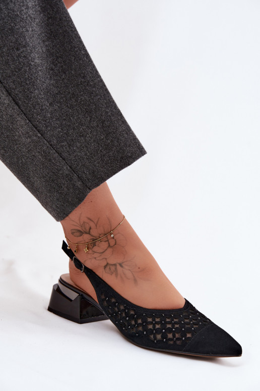 Leather Suede Women's Openwork Sandals With Mesh On Block D&A CR61-3004 Black