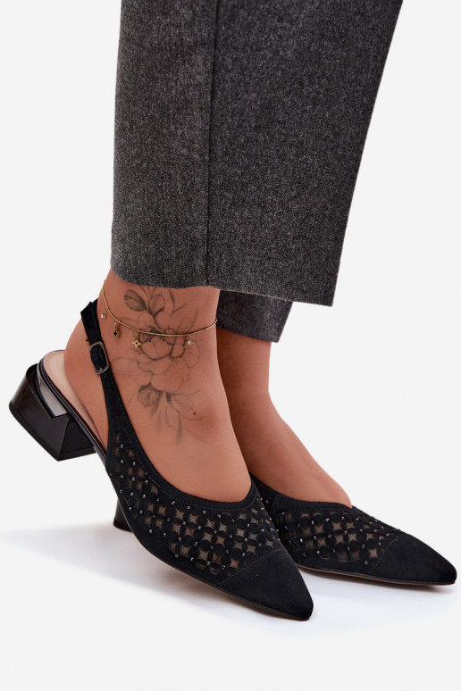 Leather Suede Women's Openwork Sandals With Mesh On Block D&A CR61-3004 Black