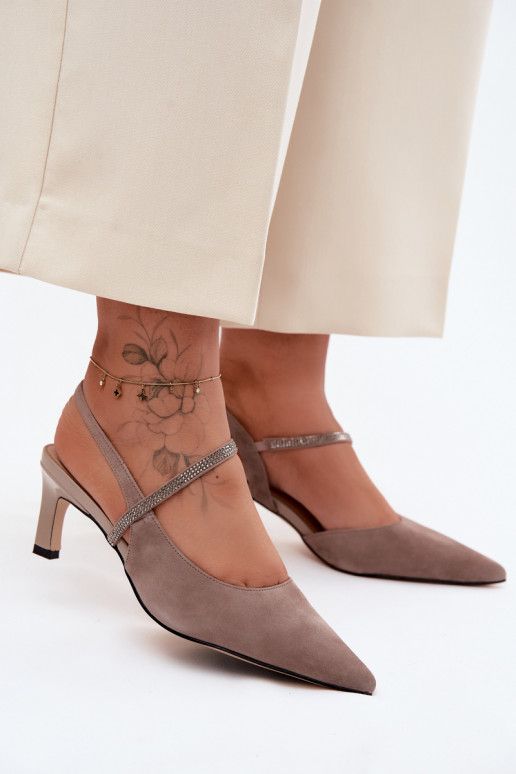 Leather Suede Heeled Sandals With Embellished Strap D&A CR61-3048 Beige