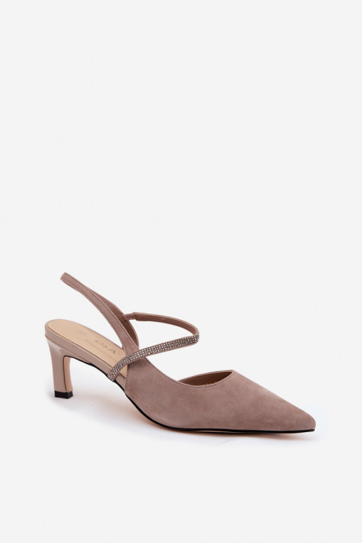 Sand-colored elegant suede high heels with decorative straps D&A