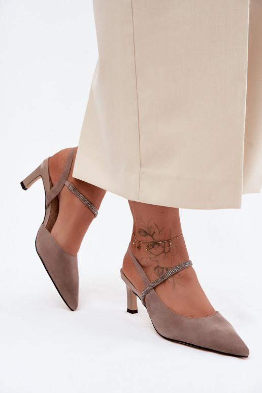 Leather Suede Heeled Sandals With Embellished Strap D&A CR61-3048 Beige