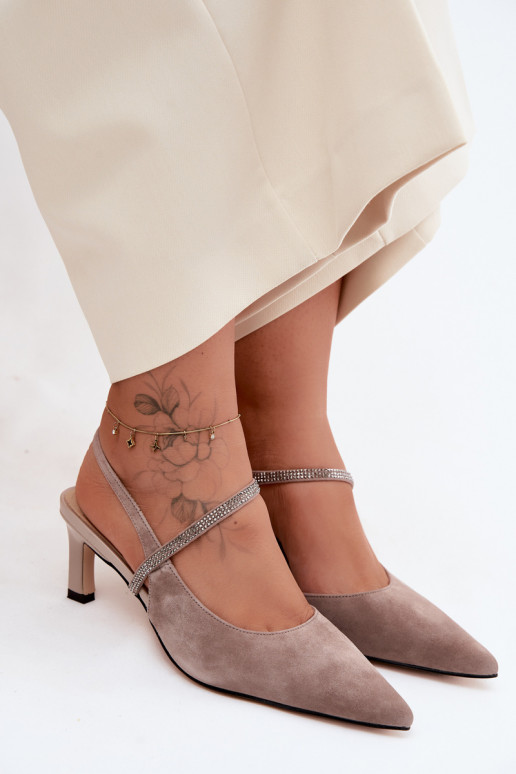 Leather Suede Heeled Sandals With Embellished Strap D&A CR61-3048 Beige