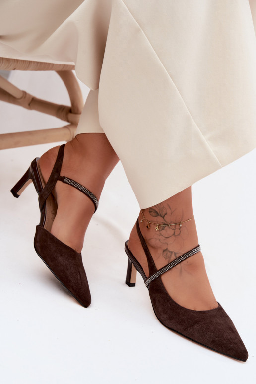 Leather Suede Heeled Sandals With Embellished Strap D&A CR61-3048 Chocolate
