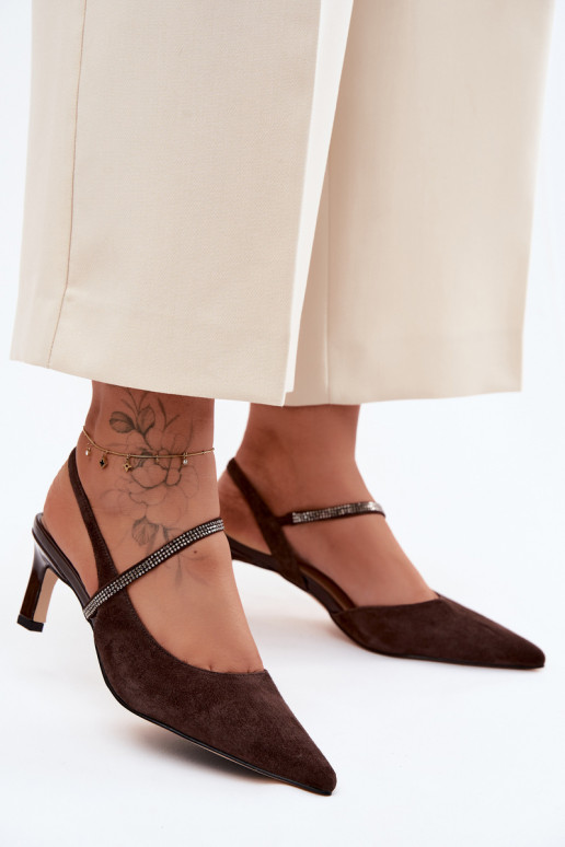 Leather Suede Heeled Sandals With Embellished Strap D&A CR61-3048 Chocolate