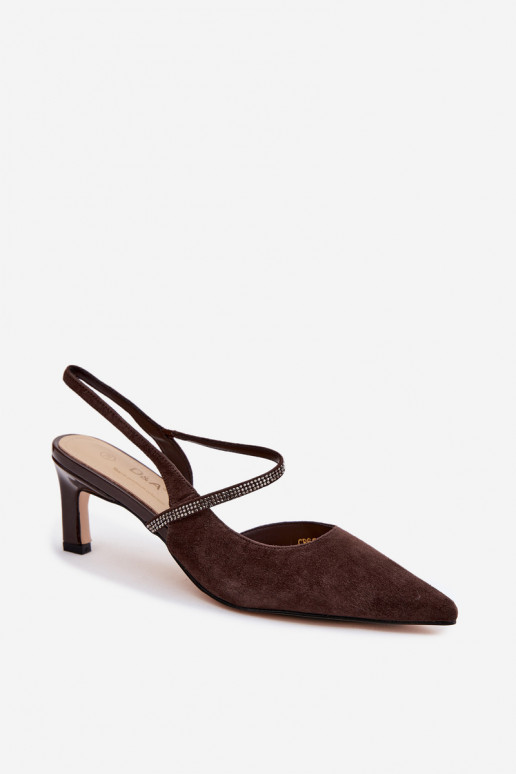 Leather Suede Heeled Sandals With Embellished Strap D&A CR61-3048 Chocolate