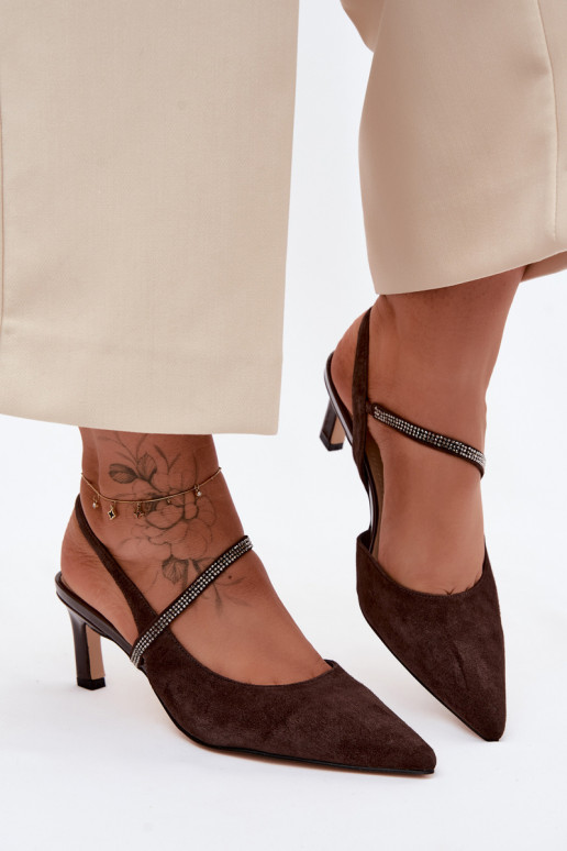 Leather Suede Heeled Sandals With Embellished Strap D&A CR61-3048 Chocolate