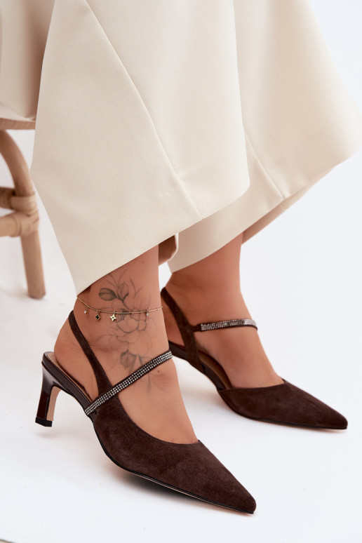 Leather Suede Heeled Sandals With Embellished Strap D&A CR61-3048 Chocolate
