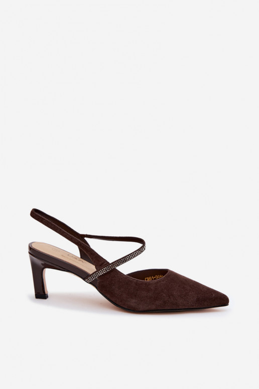 Chocolate-colored elegant suede high heels with decorative straps D&A