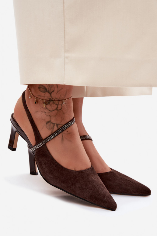 Leather Suede Heeled Sandals With Embellished Strap D&A CR61-3048 Chocolate
