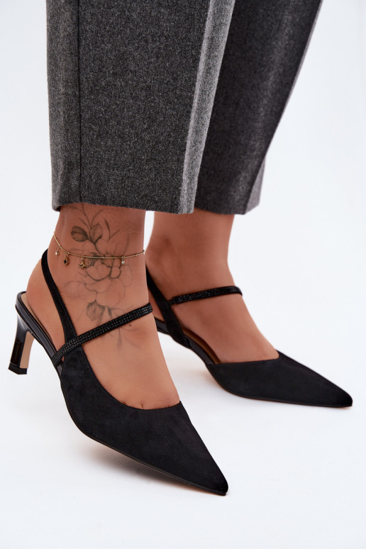 Leather Suede Heeled Sandals With Embellished Strap D&A CR61-3048 Black
