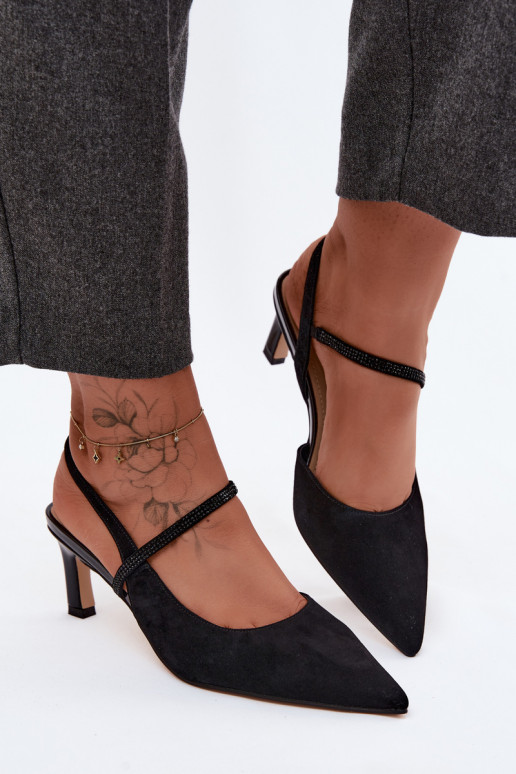 Leather Suede Heeled Sandals With Embellished Strap D&A CR61-3048 Black
