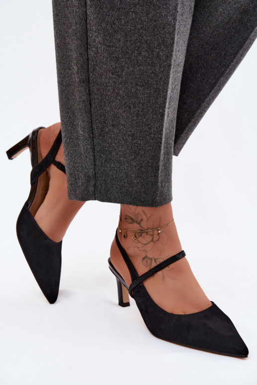 Leather Suede Heeled Sandals With Embellished Strap D&A CR61-3048 Black