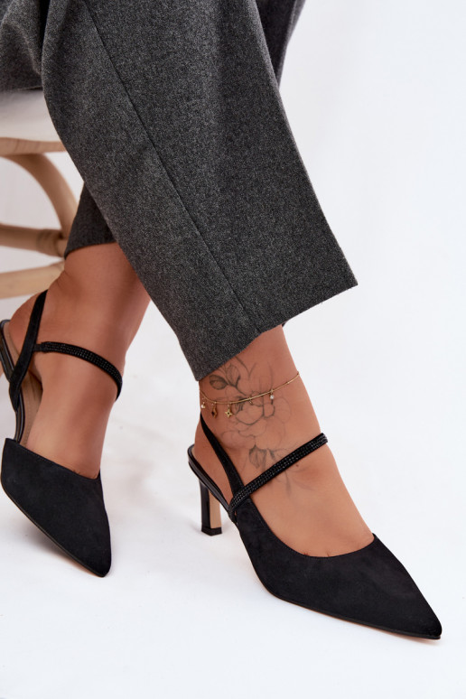 Leather Suede Heeled Sandals With Embellished Strap D&A CR61-3048 Black