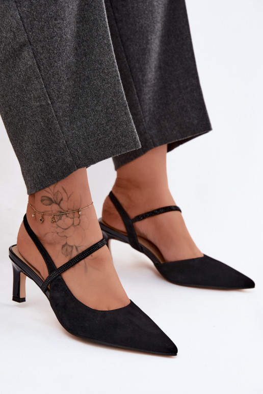 Leather Suede Heeled Sandals With Embellished Strap D&A CR61-3048 Black