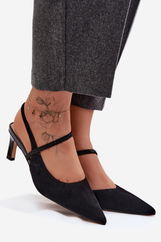 Leather Suede Heeled Sandals With Embellished Strap D&A CR61-3048 Black