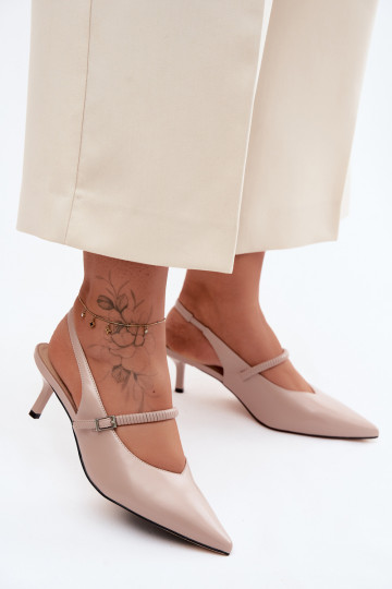 Leather Pumps Sandals With Heel And Strap D&A CR61-3046 Beige