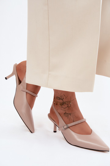 Leather Pumps Sandals With Heel And Strap D&A CR61-3046 Beige 2