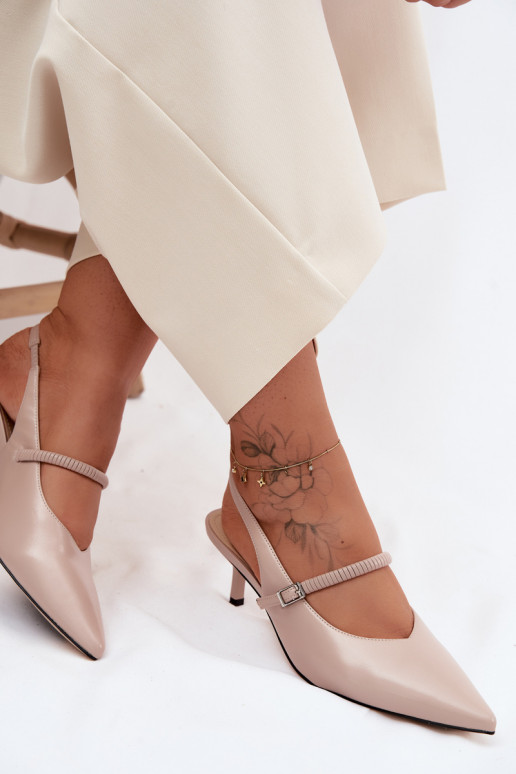 Leather Pumps Sandals With Heel And Strap D&A CR61-3046 Beige