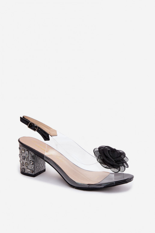 Transparent Block Heel Sandals With Crystals Mesh Rose D&A MR61-9011 Black
