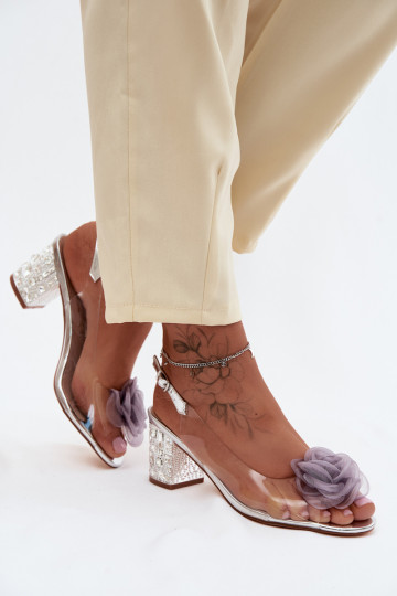 Transparent Sandals With Block Heel And Crystals Mesh Rose D&A MR61-9011 Silver