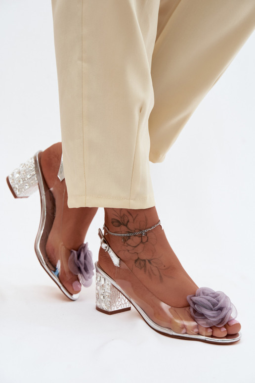 Transparent Sandals With Block Heel And Crystals Mesh Rose D&A MR61-9011 Silver