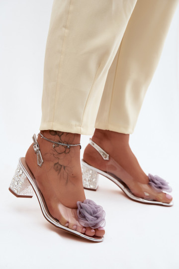 Transparent Sandals With Block Heel And Crystals Mesh Rose D&A MR61-9011 Silver 2