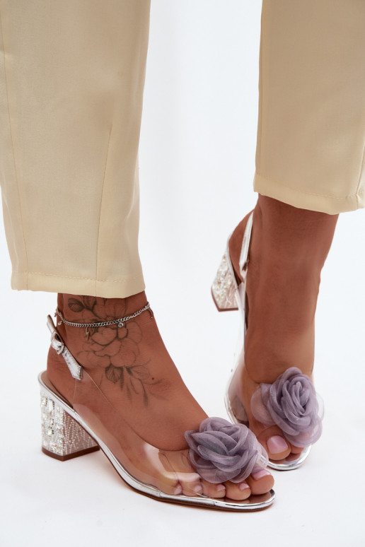 Transparent Sandals With Block Heel And Crystals Mesh Rose D&A MR61-9011 Silver
