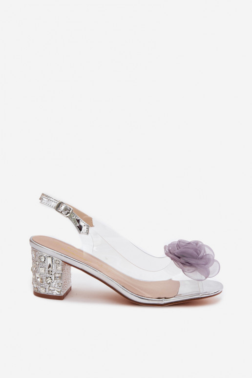 Transparent Sandals With Block Heel And Crystals Mesh Rose D&A MR61-9011 Silver