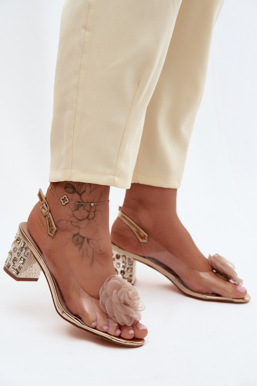 Transparent Block Heel Sandals With Crystals Mesh Rose D&A MR61-9011 Gold