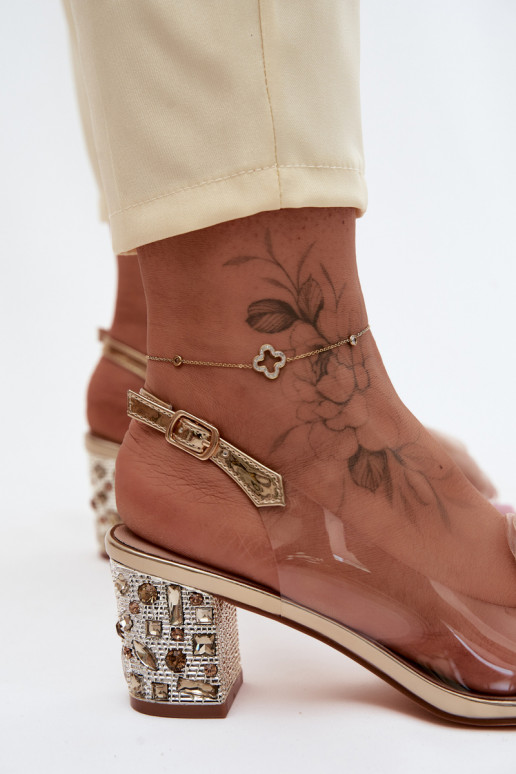 Transparent Block Heel Sandals With Crystals Mesh Rose D&A MR61-9011 Gold