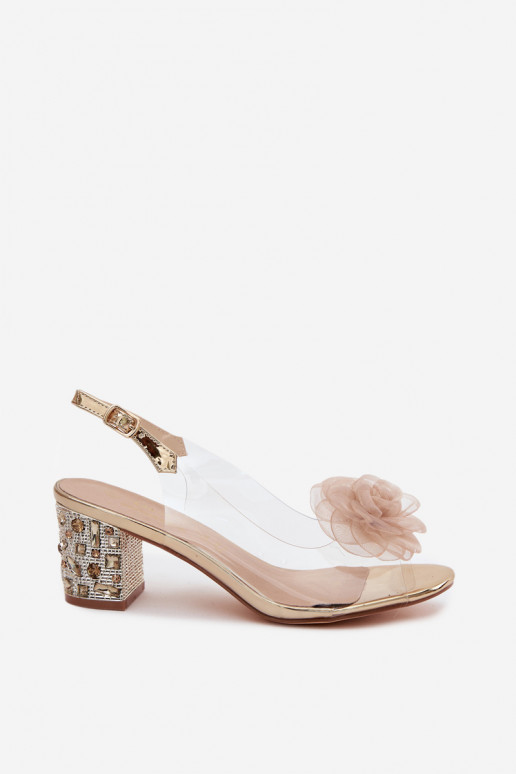 Transparent Block Heel Sandals With Crystals Mesh Rose D&A MR61-9011 Gold