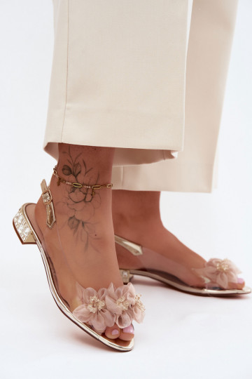 Transparent Sandals with Crystals and Mesh Flowers D&A MR61-9006 Gold